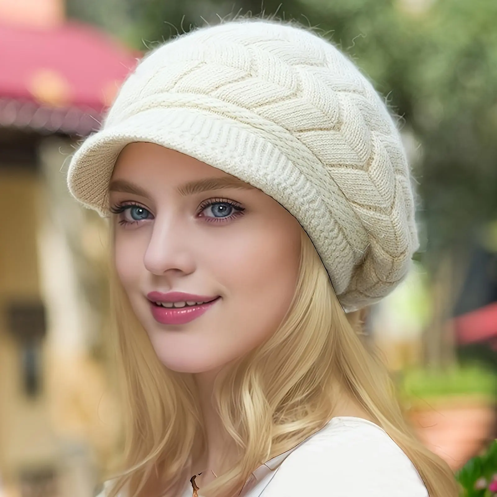 Womens Winter Beanie Hat Handmade Crochet Cap with Faux Fur Pom Pom Warm Fleece Lined Christmas Gift Idea for Her Cozy Holiday Fashion Cold Weather Gear