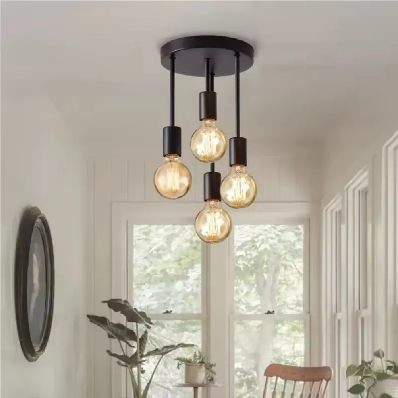 Modern Black 4-Light Sleek Flush Mount Ceiling Fixture - E26 4-Bulb Base (No Bulb), Indoor Room Accent Light, Clean Aesthetic Kitchen Accessories Home Goods for Farmhouse Kitchen, Bedrooms