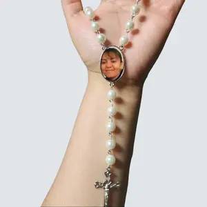 Personalized Rosary with Memorial Photo Dainty Cross Necklace Religious Beaded Jewelry for Daily Wear Classic Colors