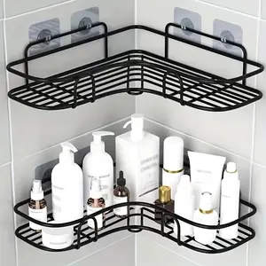 1pc Sleek Black Stainless Steel Corner Shelf - No-Drill Wall-Mounted Floating Shelves for Bathroom & Kitchen, 2-Tier Space-Saving Storage Racks for Shampoo, Skincare Products & More