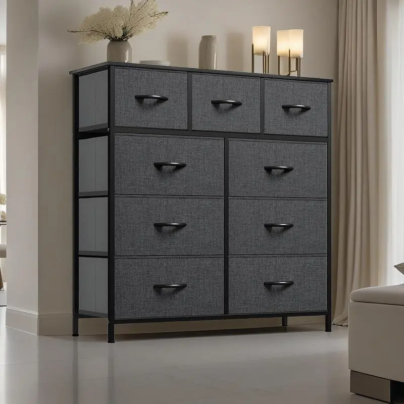 9-Drawer Synthetic Fiber Cupboards Cabinets Dresser with Steel Frame, Wood Top, Easy-Pull Handles - Sturdy Space-Saving Modern Storage Cupboard, Wood Storage Cabinet, Anti-Tip Safety Chest of Drawers for Bedroom (Assembly Required)