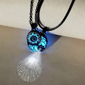 2pcs Cute Couple Sun & Moon Pattern Glow In The Dark Inlaid With Projection Beads PU Leather Chain Charm Necklace For Valentine's Day Gift teddybear necklace glow necklace sign couple jewelry heart magnetic