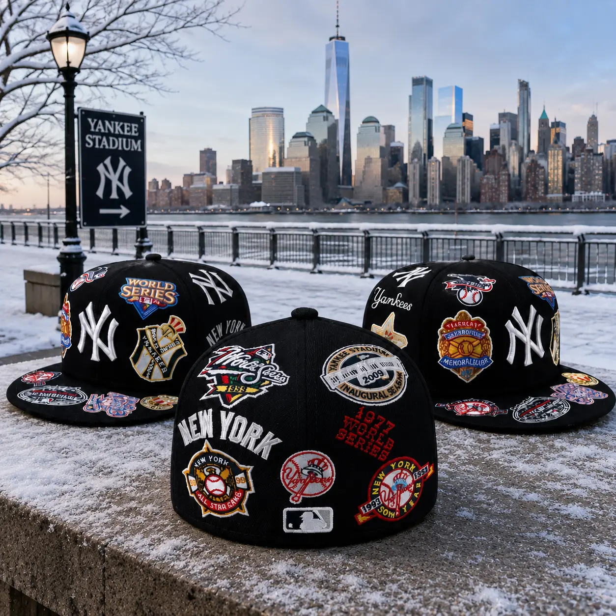 New York Yankees 59FIFTY Patch Collection Hat – Black Flat Brim Baseball Cap with Championship Embroidery