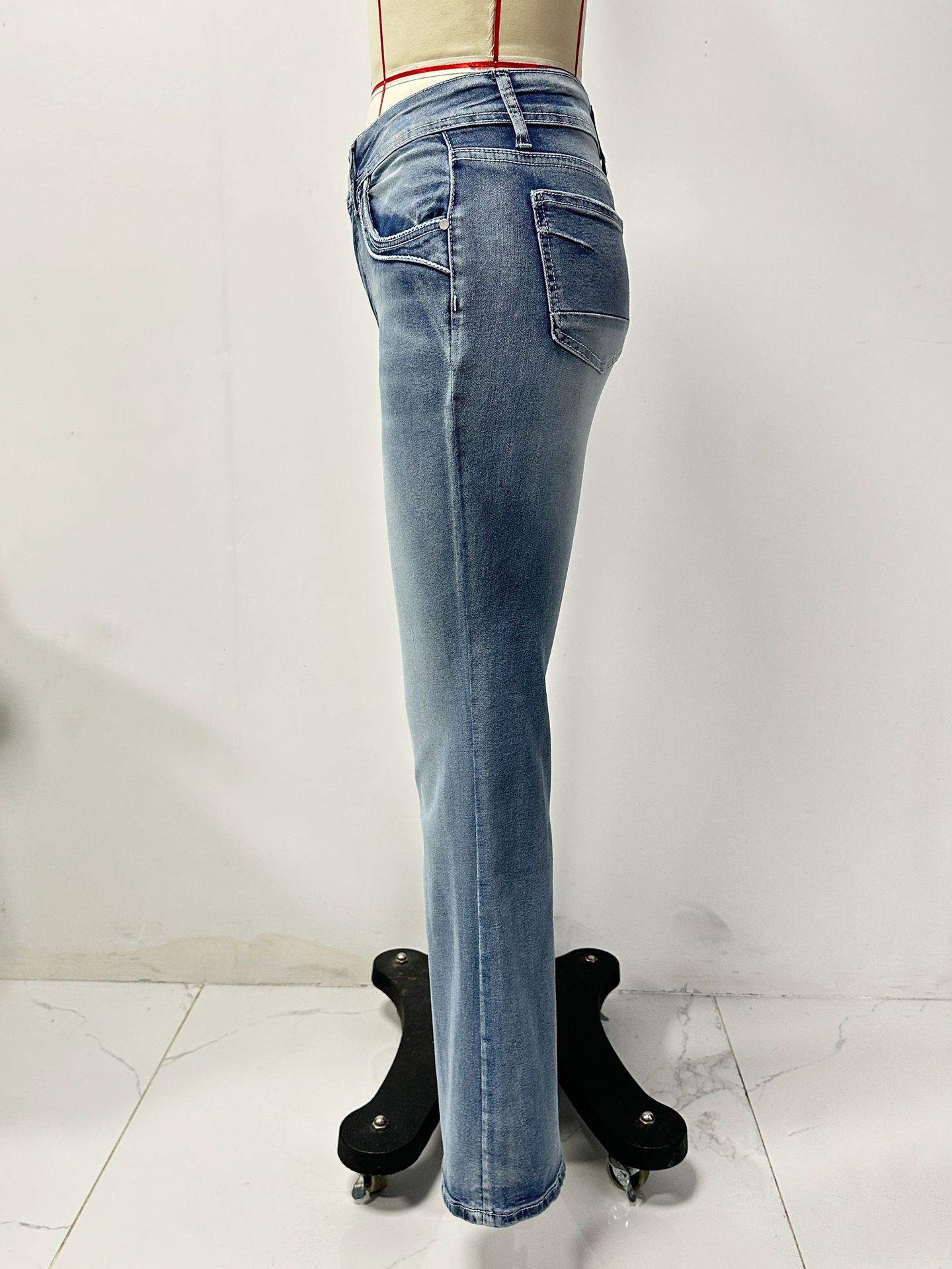 Retro Stretch Pocket Embroidery Patchwork Washed Denim Jeans