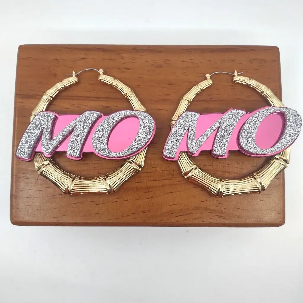 Personalized Gold Bamboo Hoop Earrings – Custom Name & Background – Large Statement Nameplate Earrings, Hip Hop Style, Gift for Women, Girls, Birthday, Anniversary
