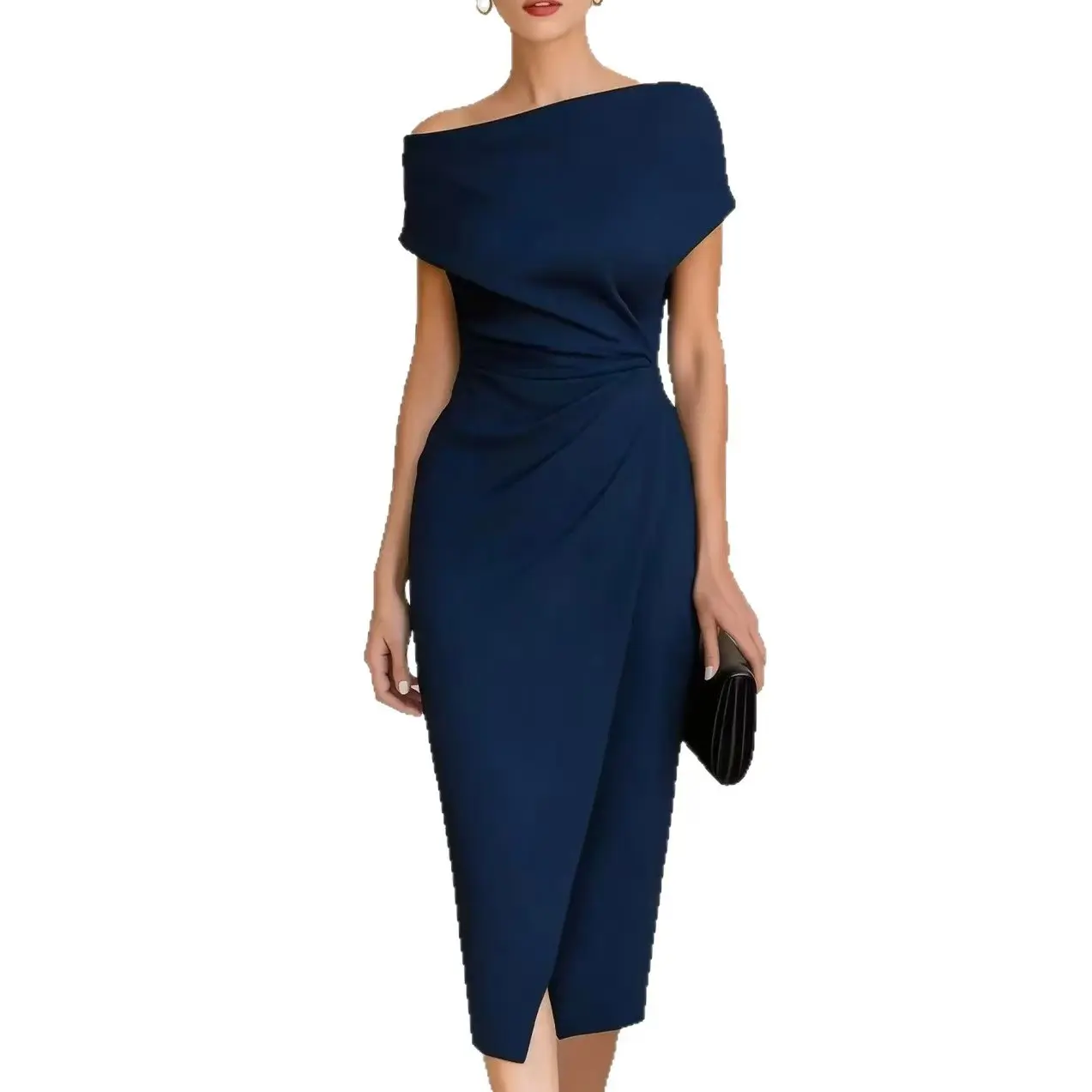 Elegant Off-Shoulder Midi Dress in Rich Maroon Color with Sleek Design and Modern Style