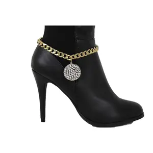 Trendy Fashion Jewelry TFJ Women Western Boot Chain Bracelet Gold Metal Big Bling Disco Ball Shoe Charm 80's Look