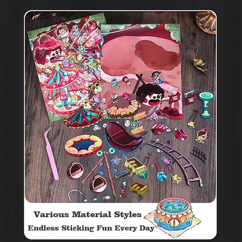 Dark Carnival Series – 3D Scene Sticker Kit,DIY Surreal Diorama for Room Decor & Display,Dark Fantasy Gift for Alt & Horror Aesthetic Lovers,PET Sticker Set