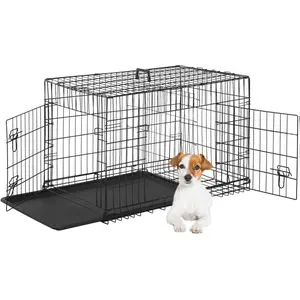 New Deal -Dog Crate for Small Dogs 24 Inch Folding Metal WirePet Cage Double Door W/Divider Panel Indoor Outdoor Kennel Leak-Proof Plastic Tray,Black