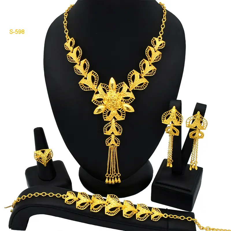 Women's Elegant Jewelry Set - 4-Piece Gold Alloy with Floral Camellia Design & Tassels, Includes Necklace, Drop Earrings, Bracelet, and Ring for Weddings, Fashion Jewelry Set, Gold Chain Set