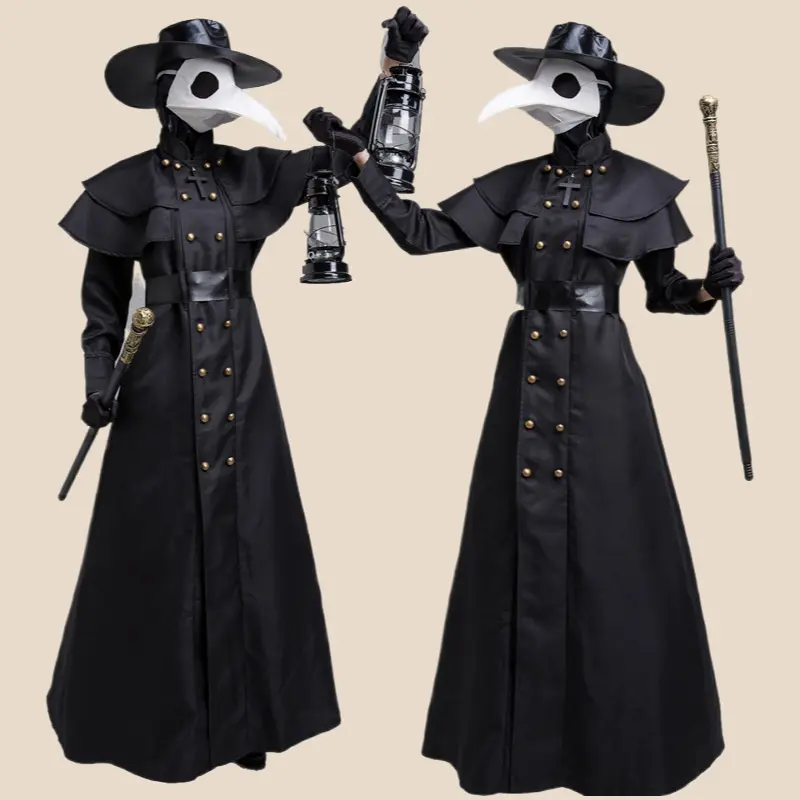 Plague Doctor Costume Set for Women, Steampunk Gothic Polyester Fabric Long Dress with Crow Beak Mask and Hat for Halloween Cosplay, Sizes up to XXL