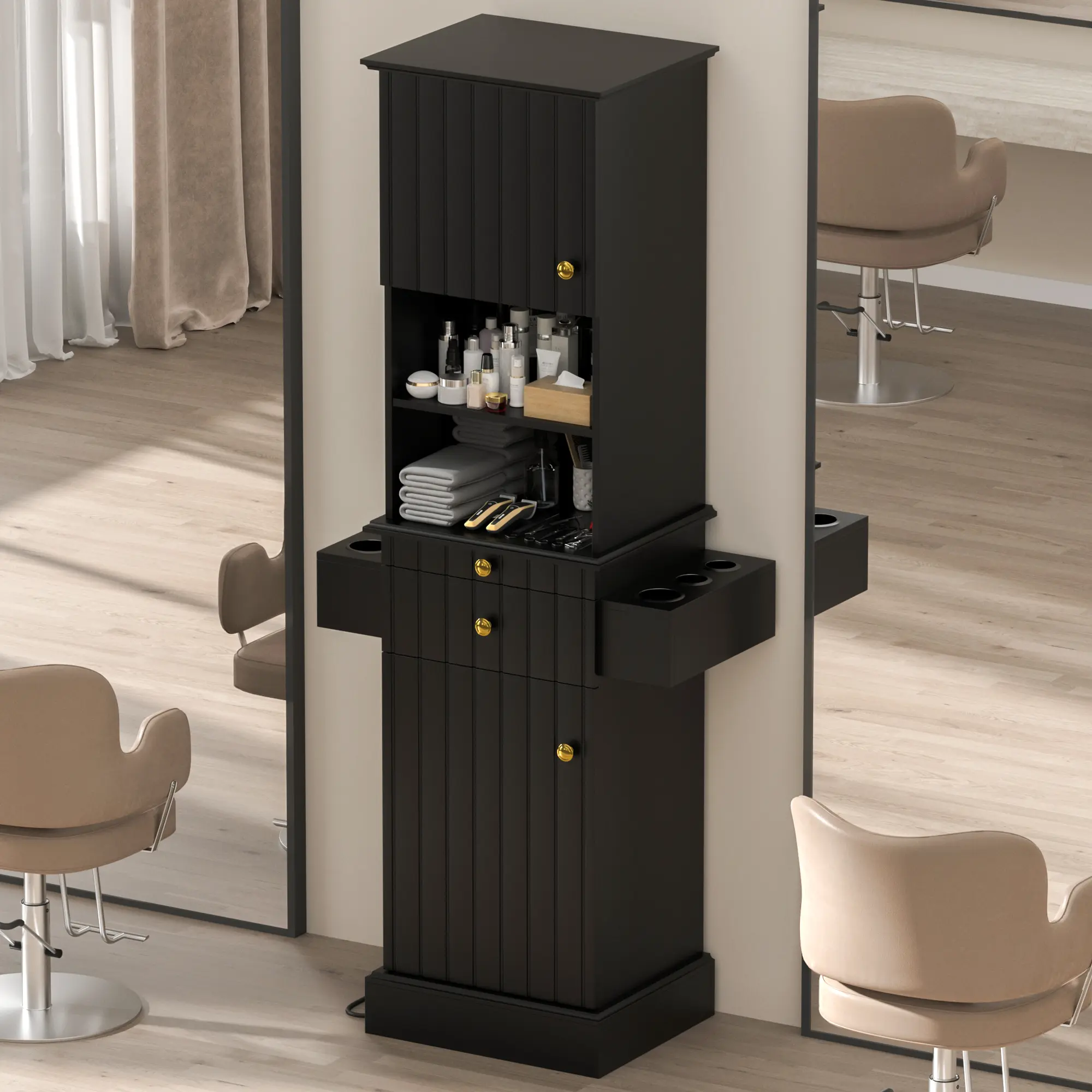 Hair Salon Station Cabinet with Power Outlet & 6 Tool Holders