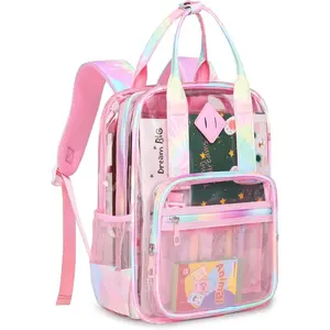 Rinaoou Clear Backpack Heavy Duty, PVC Clear Bag for Stadium Events See Through Pink Bookbag, Transparent Backpack for Girls Women  Stadium Approved Clears Concert Bag for School Work Travel