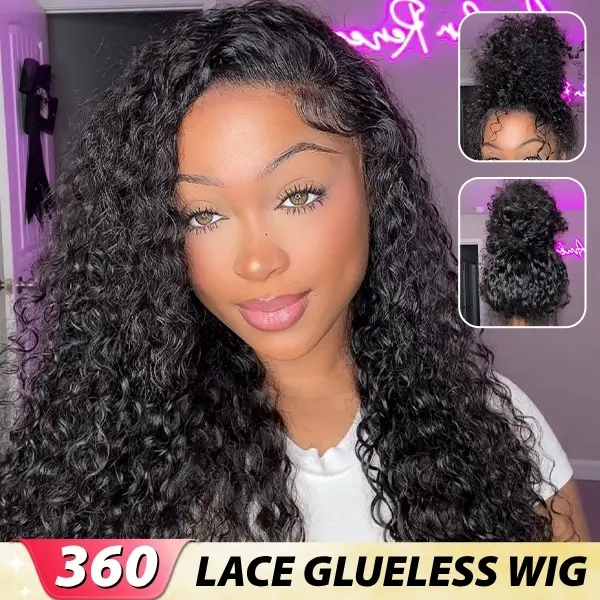 CurlyMe Water Wave / Kinky Straight Invisi Strap Snug Fit 360 Transparent Lace Frontal Human Hair Wigs Wear Go Glueless Wig Bleached Knots Pre Cut Lace Pre Plucked Realistic Hairline Beginner Friendly