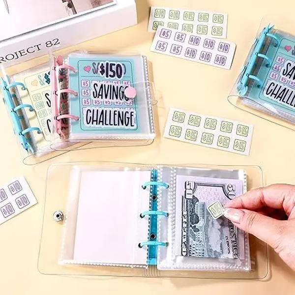 Portable mini clear PVC $1,000 savings challenge binder notebook, cash envelope budget planner with savings tracking stickers, small money saving challenge tracker book for beginners household personal finance budget management, perfect gift for budget lo