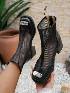 Women's Mesh Square Toe Short Boots, Chunky Heel Fishnet Summer Boots, Y2K Trendy Shoes, Fashionable and Comfortable