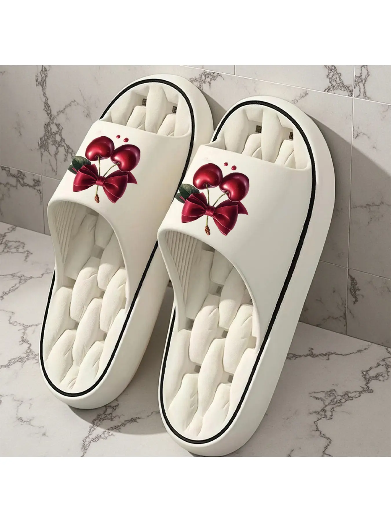 New Unisex Slippers Featuring Red Cherries And Bows, Suitable for Indoor And Outdoor Use, Perfect As Holiday Gifts, Women'S Home Shoes, Room Slippers, Birthday Present Slippers, Casual Footwear, Summer EVA Slippers, Bathroom Slippers, Women Shoes