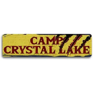 Camp Crystal Lake Sign 4x16 Inches - Vintage Style Metal Wall Decor, Retro Camping Tin Sign for Outdoor Enthusiast, Horror Movie Collectible, Durable Home and Garden Accent, Easy Mounting Room B37