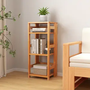 COSTWAY - 4-Tier Bookshelf Rubber Wood Bookcase with Side Fences for Living Room-14 inches