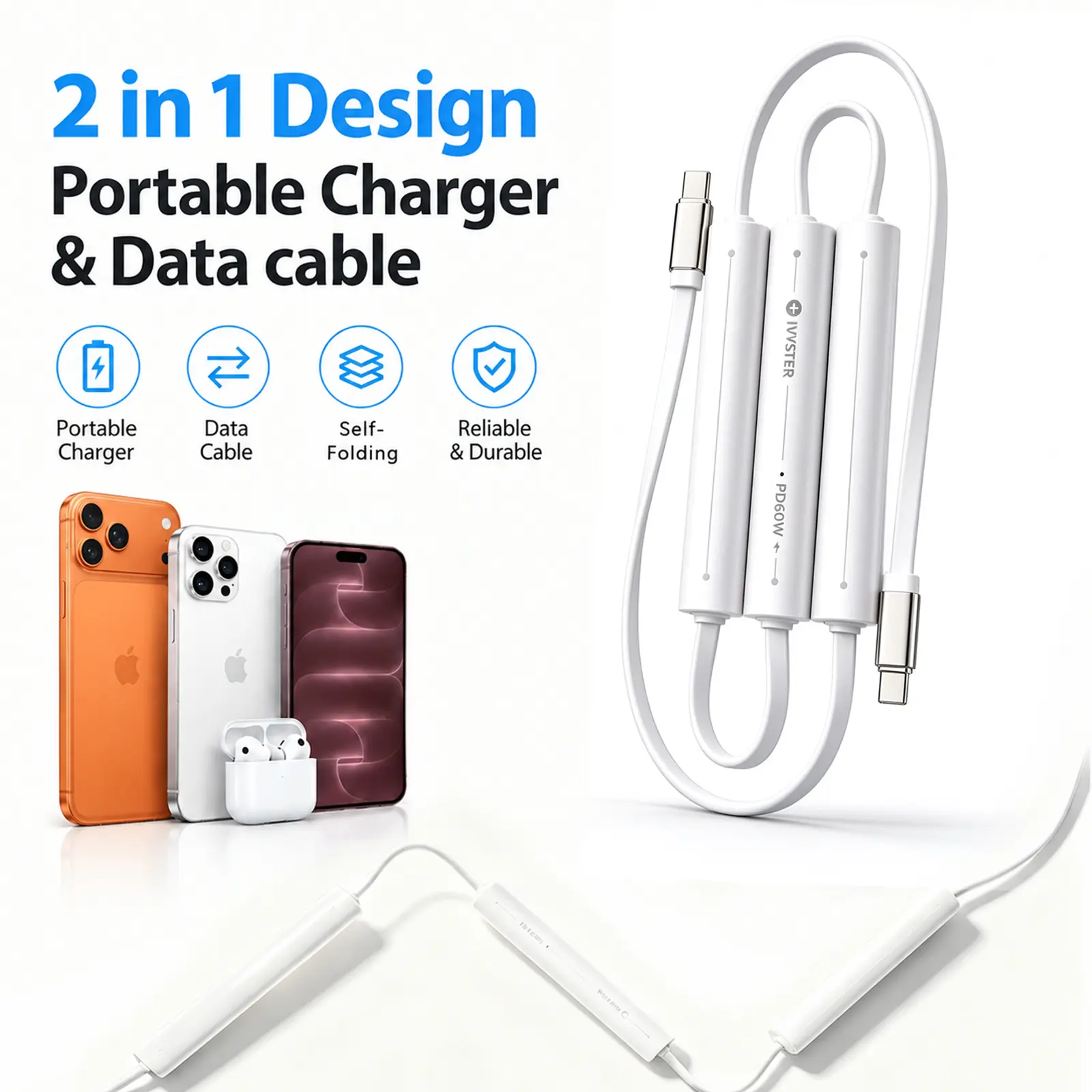 SEEKSTAR 60W Speed Magnetic Charging Cable - 2-in-1 Foldable Built-In Power Bank, Portable Emergency Charger for Phones, Tablets, Laptops, Ideal for Travel, Car Use