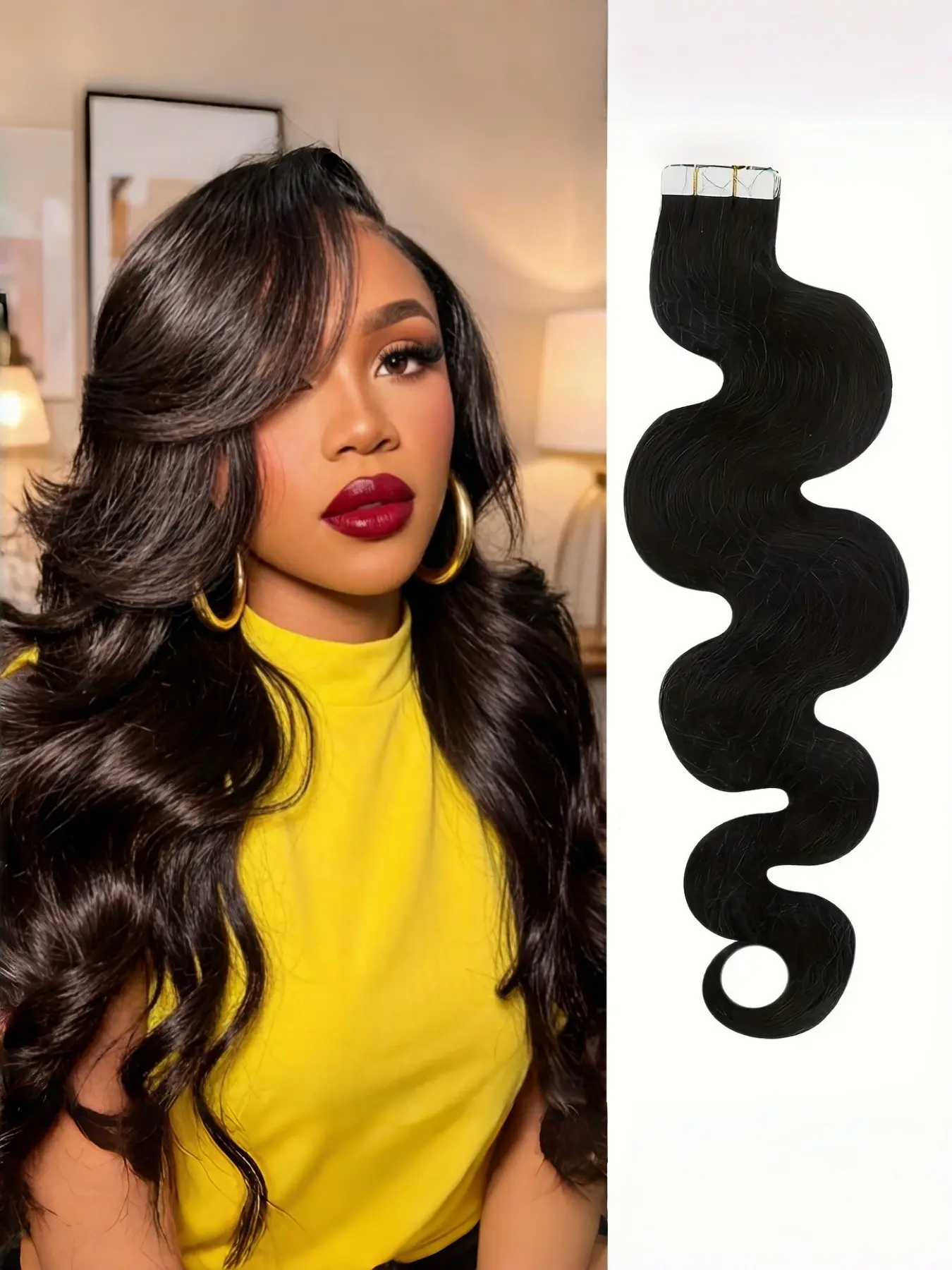 Body Wave Tape in Human Hair Extensions, 50g Pack Natural, Skin Weft Tape Hair Extensions for Women, Easy Application