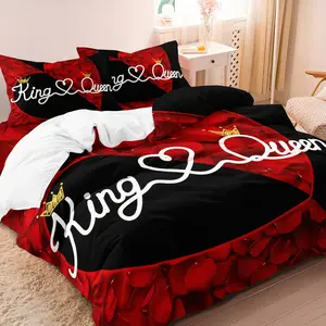 3pcs Romantic Red Rose Couple  King & Queen Rose Duvet Cover Set   Bedroom Decor Four Seasons Festival Gift (1 Duvet Cover + 2 Pillowcase NO Comforter） Washable Covers