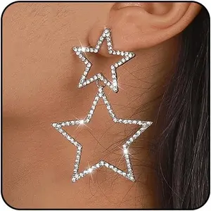 Silver Star Dangle Earrings - Iridescent Rhinestone Stars, Big Sparkle, Women'S Dangling Star Jewelry Sora Tuki