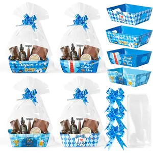 OSNIE Father's Day Empty Gift Baskets Kit - 24 Sets Happy Father’s Day Blue Basket for Gifts Empty with Cellophane Basket Bags and Ribbons Bows Party Decor for Men Festivals Birthday Holiday Business