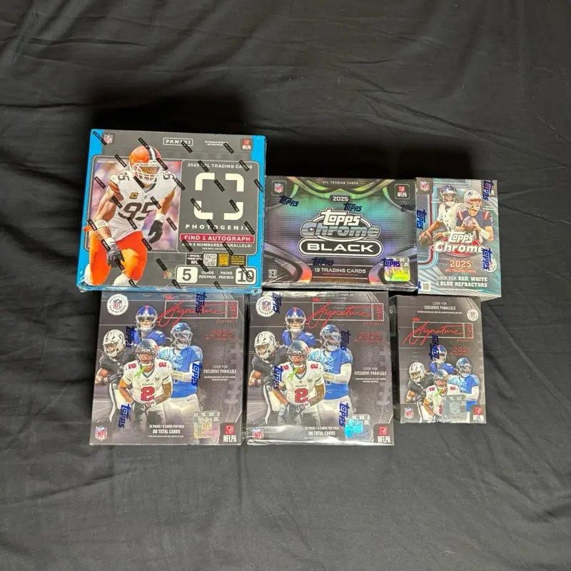 NFL 2025 PYT Topps Black Hobby Box! Photogenic Hobby Box! 2x Topps Signature Mega Boxes! Topps Signature Blaster! Topps Chrome Blaster! Over 309 Cards!Looking for In Motion, Names of the Game, Case Hits! Autos and More