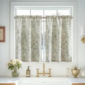 Linen Kitchen Curtains Floral Tier Drapes 24 Inch Farmhouse Botanic Cafe Curtains Small Window Drapes Rustic Half Window Treatments for Living Room Bathroom Laundry 2 Panels Green  Beige