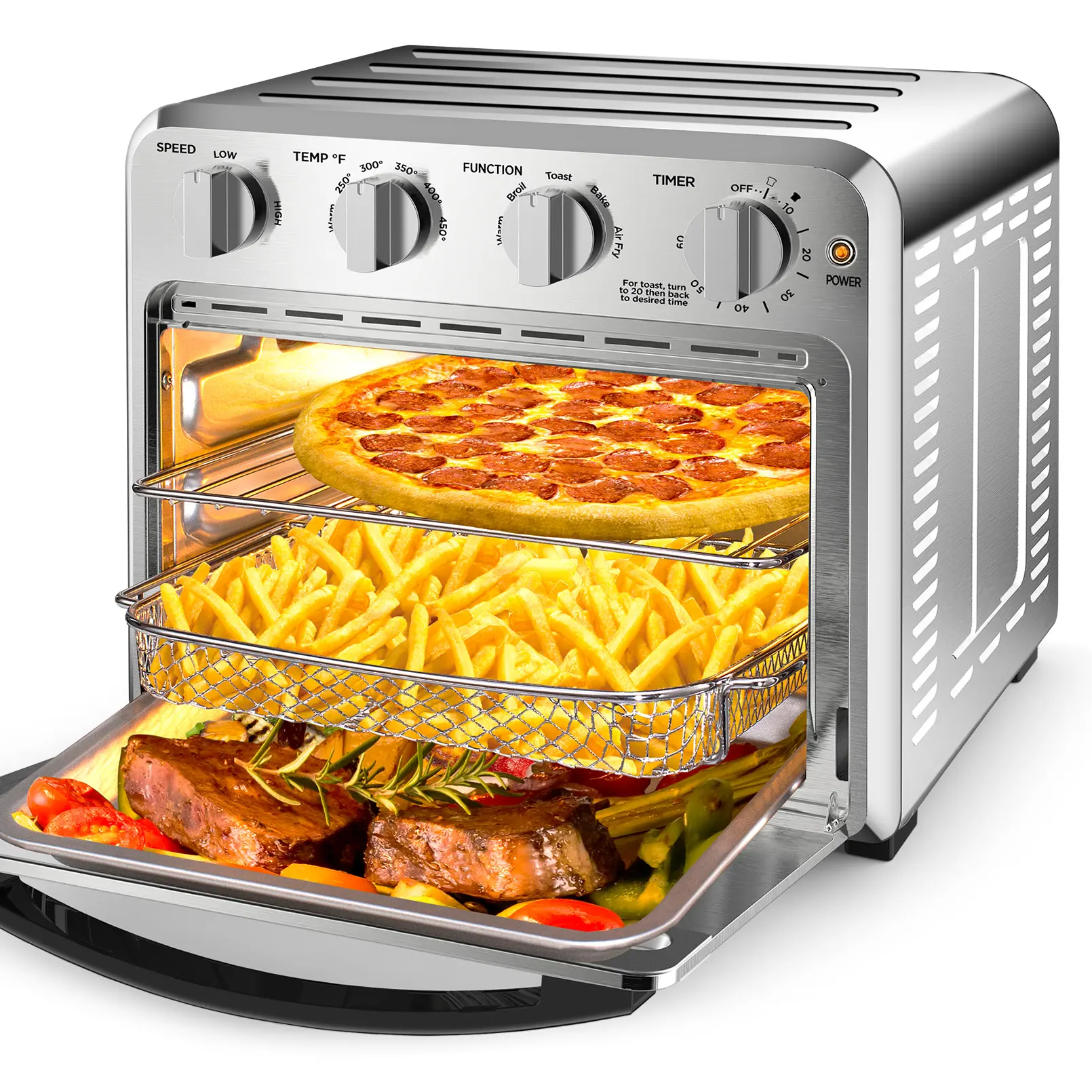 Chef Air Fryer Toaster Oven Combo, 4 Slice Toaster Convection Oven Warm, Broil, Toast, Bake, Oil-Free, Accessories Included, Stainless Steel, Silver(16QT Air Fryer Oven)