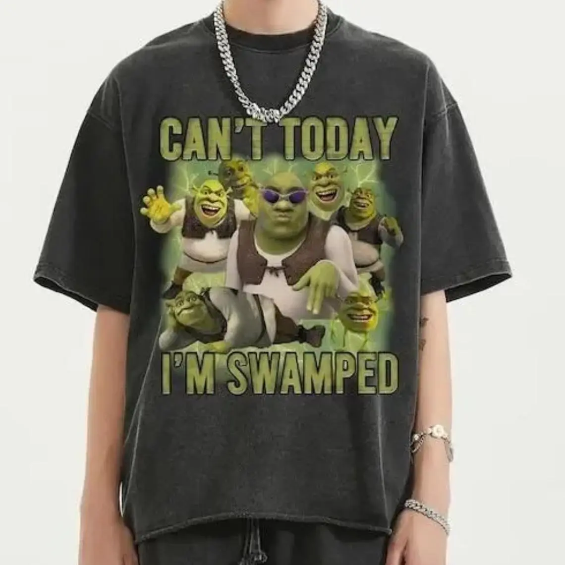 Women's Shrek "Can't Today I'm Swamped" Funny Graphic T-Shirt - Lady's Casual Comfy Tee, Soft Cotton Round Neck Fitted Streetwear Top, Tshirt