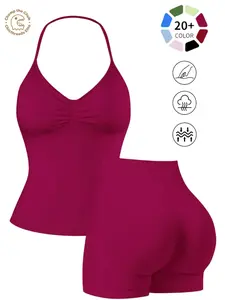 Women's Solid Cami Top & High Waist Skinny Shorts Sportswear Set, High Stretch Activewear, Breathable Comfortable Seamless Sports Set for Yoga, Gym, Running, Workout Fitness Outfit Clothes