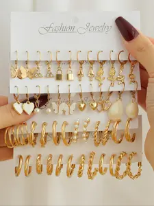 24 Pairs Alloy Heart Shell Pearl Lock Snake Butterfly Mushroom Earrings Set, Creative Design, Metal Chain Ear Cuff Jewelry, Versatile Earrings