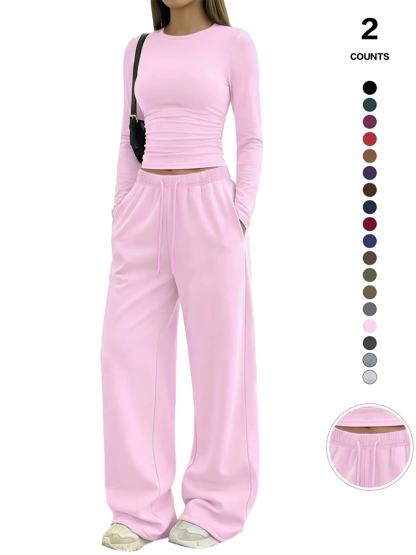 Women's Solid Ruched Drawstring Loungewear Set, Casual Long Sleeve Round Neck Top & Pocket Wide Leg Trousers, Spring Summer Sleepwear Pajama Set Women's Solid Ruched Drawstring Loungewear Set, Casual Long Sleeve Round Neck Top & Pocket Wide Leg Trousers, Spring Summer Sleepwear Pajama Set
