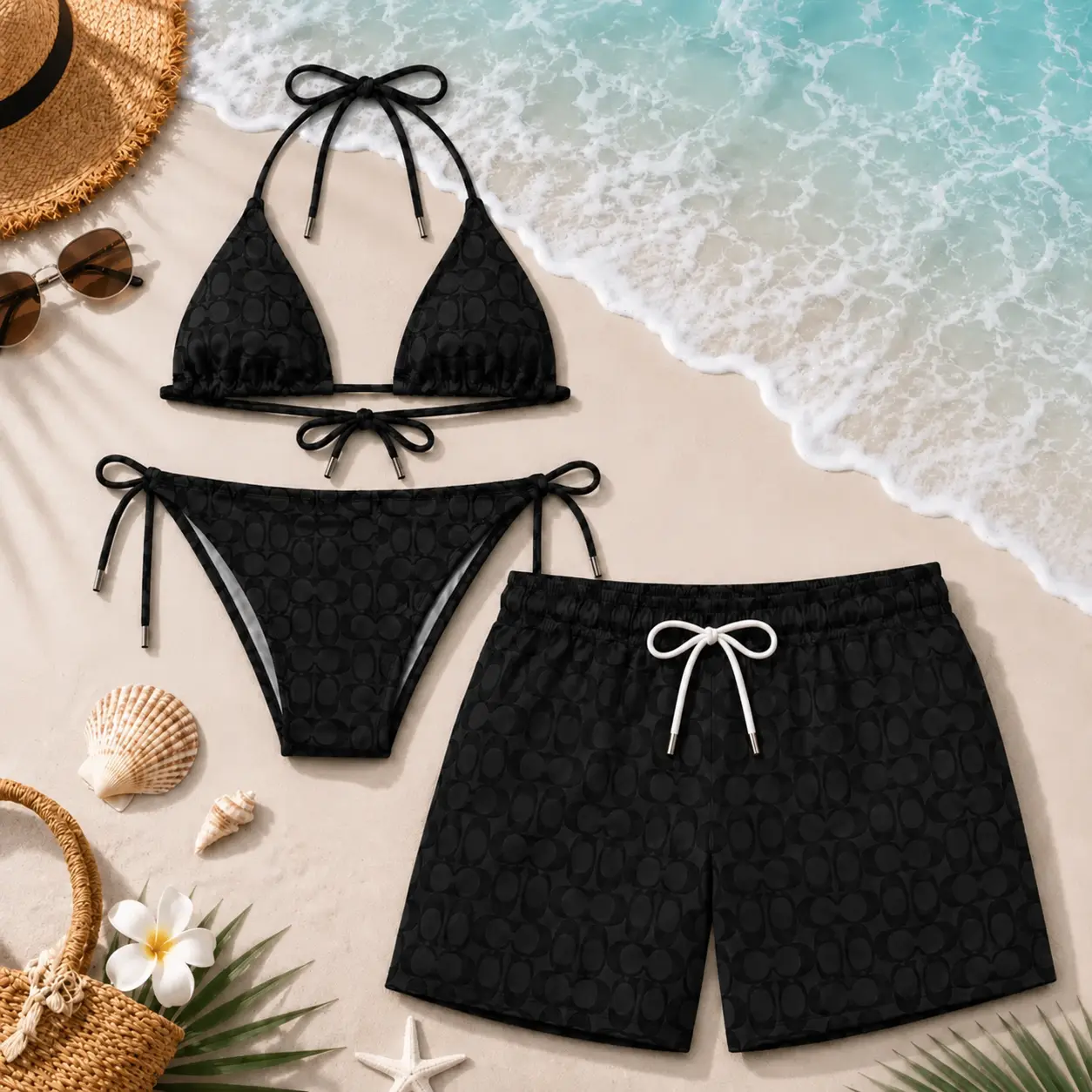 Matching Black Swimwear Set for Couples | All Over Monogram Style Bikini & Men's Swim Trunks | Beach Vacation Swimsuit | Family Pool Outfit | Quick Dry Summer Swim Set | His and Hers Beachwear Gift