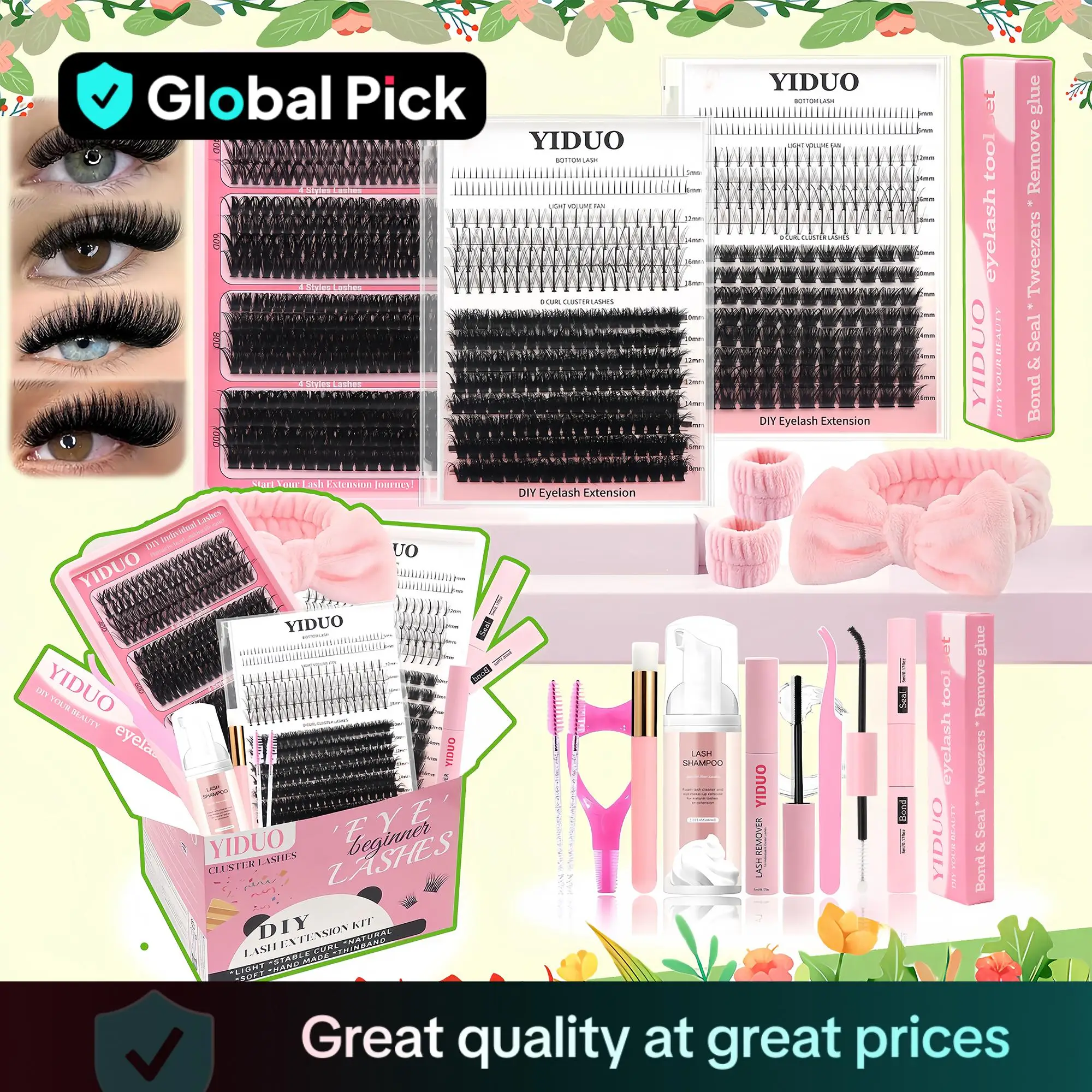 Global Pick Individual False Eyelashes with Bond & Seal & Lash Remover & Tweezers & Brush, 1 Set Natural Look Eyelash Extensions, Self Grafting Eyelas