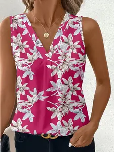 Elegant Women's Plus Size Tank Top, Floral V-Neck Design, Summer Casual Wear, Fashionable European and American Style, Perfect for Daily, Everyday, Elegance, Fit