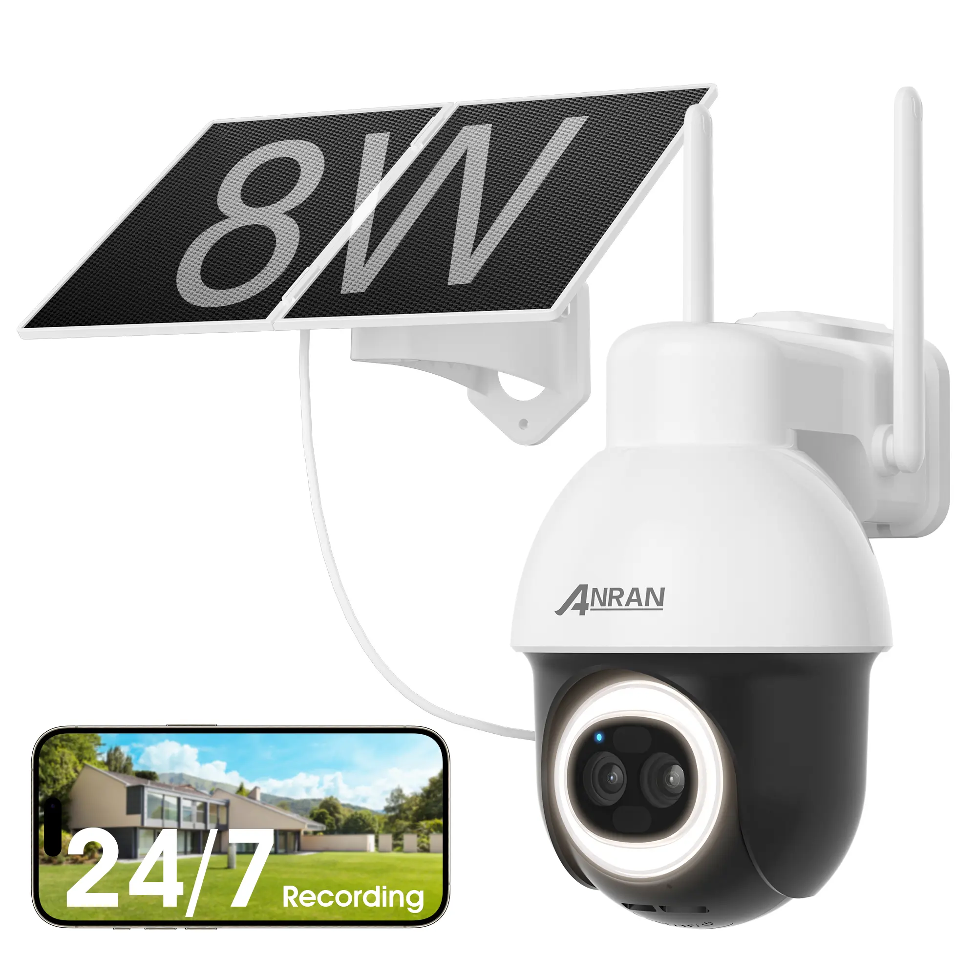 ANRAN 24/7 Recording 5MP Solar Security Camera Wireless Outdoor,AOV Tech,2.4G WiFi Cameras with 360° View,Auto Tracking,18X Optical Zoom,Color Night Vision,IP66 Waterproof,8W Solar Panel