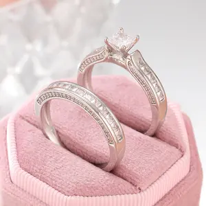 Elegant Stacking Rings with Paved Shining Zircon in Square Shape Silvery Metal Coating for Engagement Wedding Special Occasions