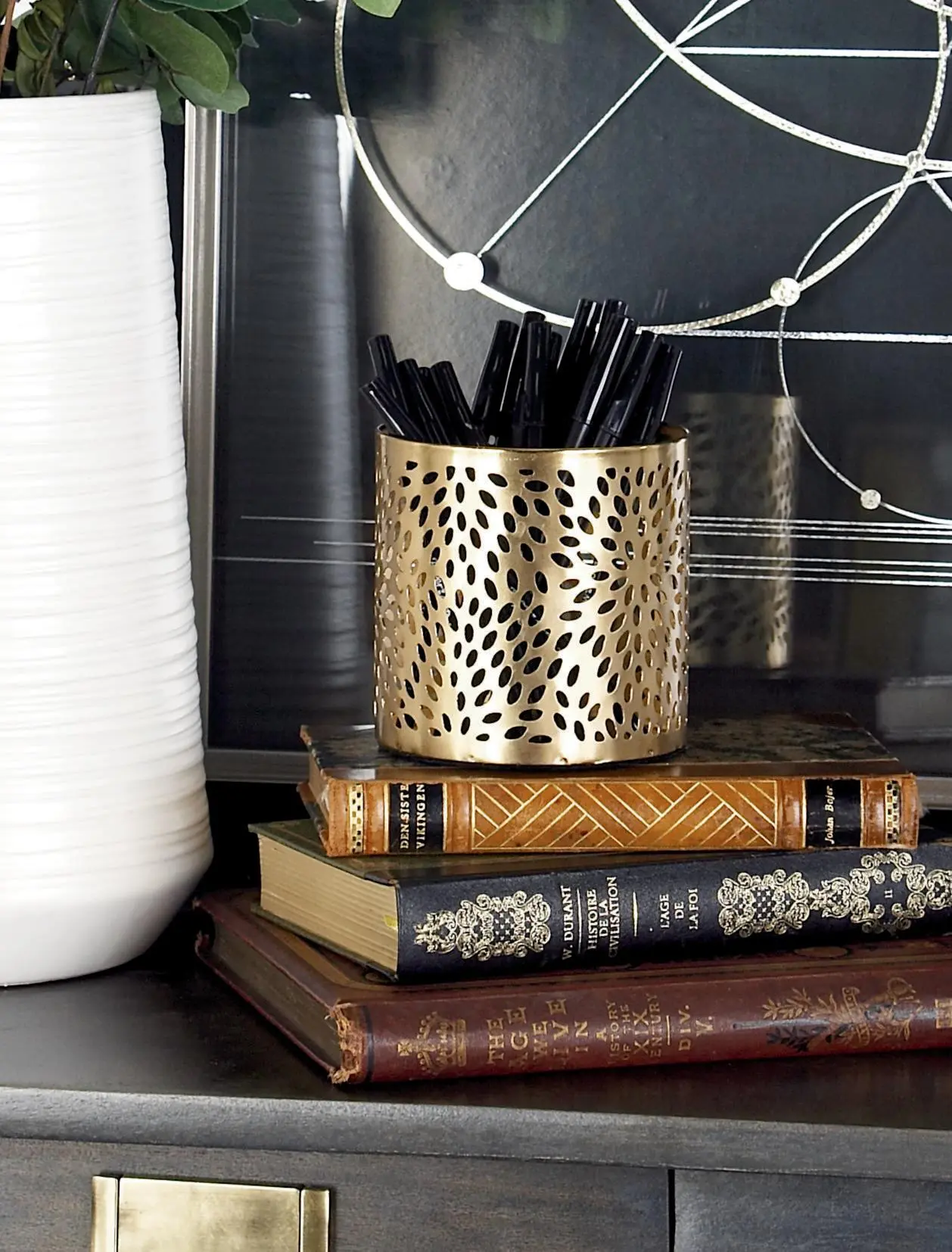 Gold Metal Floral Desk Storage Pencil Cup with Laser Carved Design, 4" x 4" x 4"