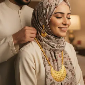 Long Arabic Design Necklace Set with Gold-Toned  for Women