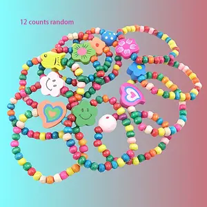 12-Pack Candy Color Wooden Bracelets, Elastic Wristbands, Random Styles, Fun Rewards Toy, Multicolor Wood Flex Bands, Perfect Gift Idea