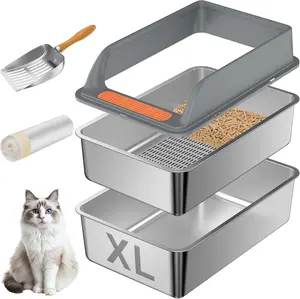 Stainless Steel Sifting Litter Box with Lid, XL  Sifting  Litter Box for Pine Pellets & Big Cats,Metal Pellet Sifter Litter Pan System for Odor Control,Sifting Box Liners & Scoop