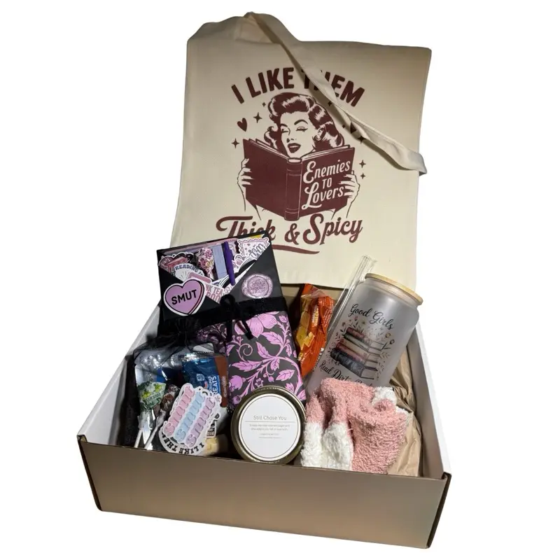 Spicy Blind Date with a Book Deluxe Box with Candle, Cup and Tote, Personalized Mystery Romance Bundle, Curated Romantic Adventure Gift Bag for Readers Featuring Open Door Smex Scene
