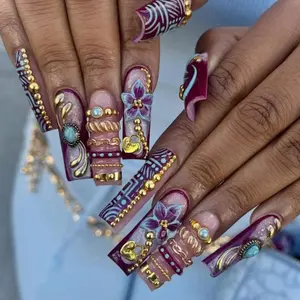 M13 Burgundy Orchid Heirloom Press-On Nails, Deep Wine Red with Hand-Painted Floral Art, Layered Gold Chains & Pearl Gems, Vintage Jewelry Inspired Quiet Luxury Set, Gift for Her