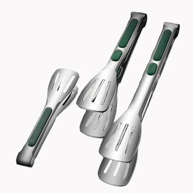 Stainless Steel Kitchen Tong Set - Anti-Slip Heat-Resistant Grip, Widened 3-Line Slotted Heads for Easy Clamping (Steaks, BBQ, Pasta, Salads), Easy Clean for Versatile Use Set of 3-6" 9" 11", Green