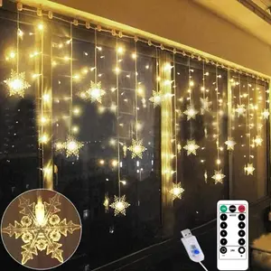 USB Powered Christmas Snowflake Curtain Lights, 13ft 96 LED Fairy String Lights with Remote Control, 8 Lighting Modes for Indoor & Outdoor Decor, Home, Church, Wedding, Birthday, Xmas Tree Decorations (Warm Light)