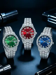 3pcs Men's Alloy Full Diamond Watch, Luxurious Trendy Men's Watch, Roman Dial with Date Function, Ideal Birthday Gift