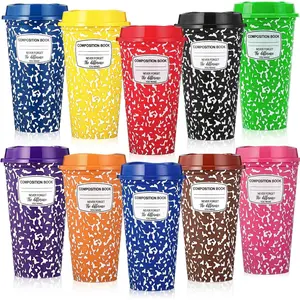 Geiserailie 10 Pcs Teacher Appreciation Gift Bulk 16 oz Composition Book Tumbler Colorful Reusable Plastic Coffee Cups with Lids Thank You Gift for Teacher's Day Graduation